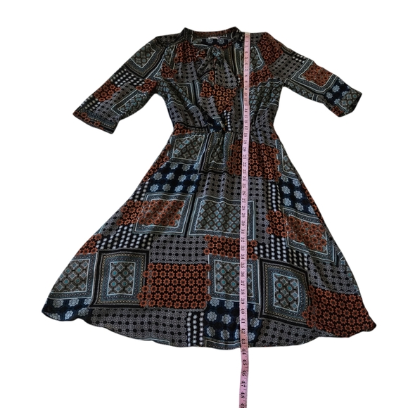 Kut from the Kloth Chloe Patchwork Midi Dress Womens 10 Bow Black Orange - Picture 10 of 16